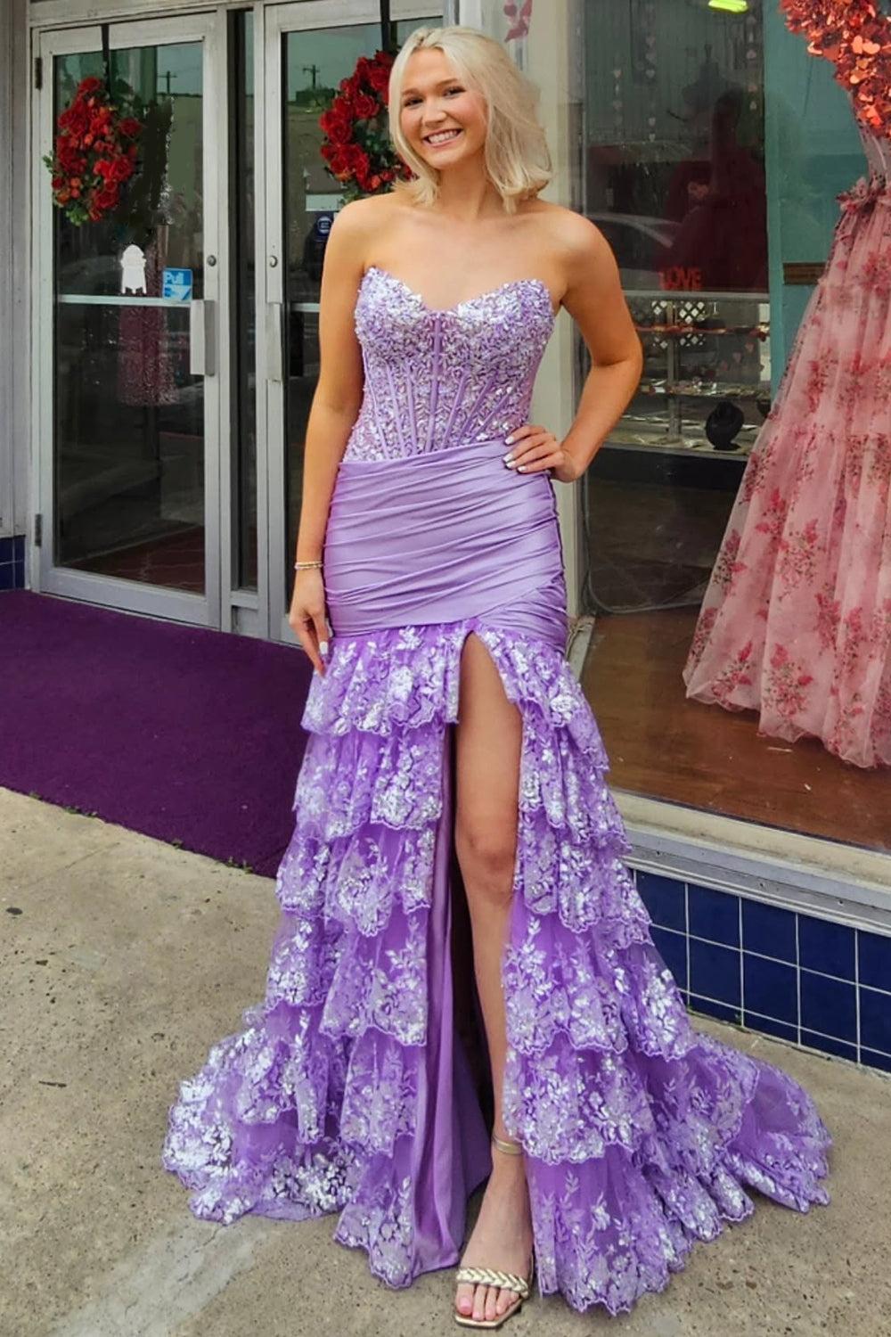 Red Prom Dress Floor Length Ruffled Formal Dress With Slit