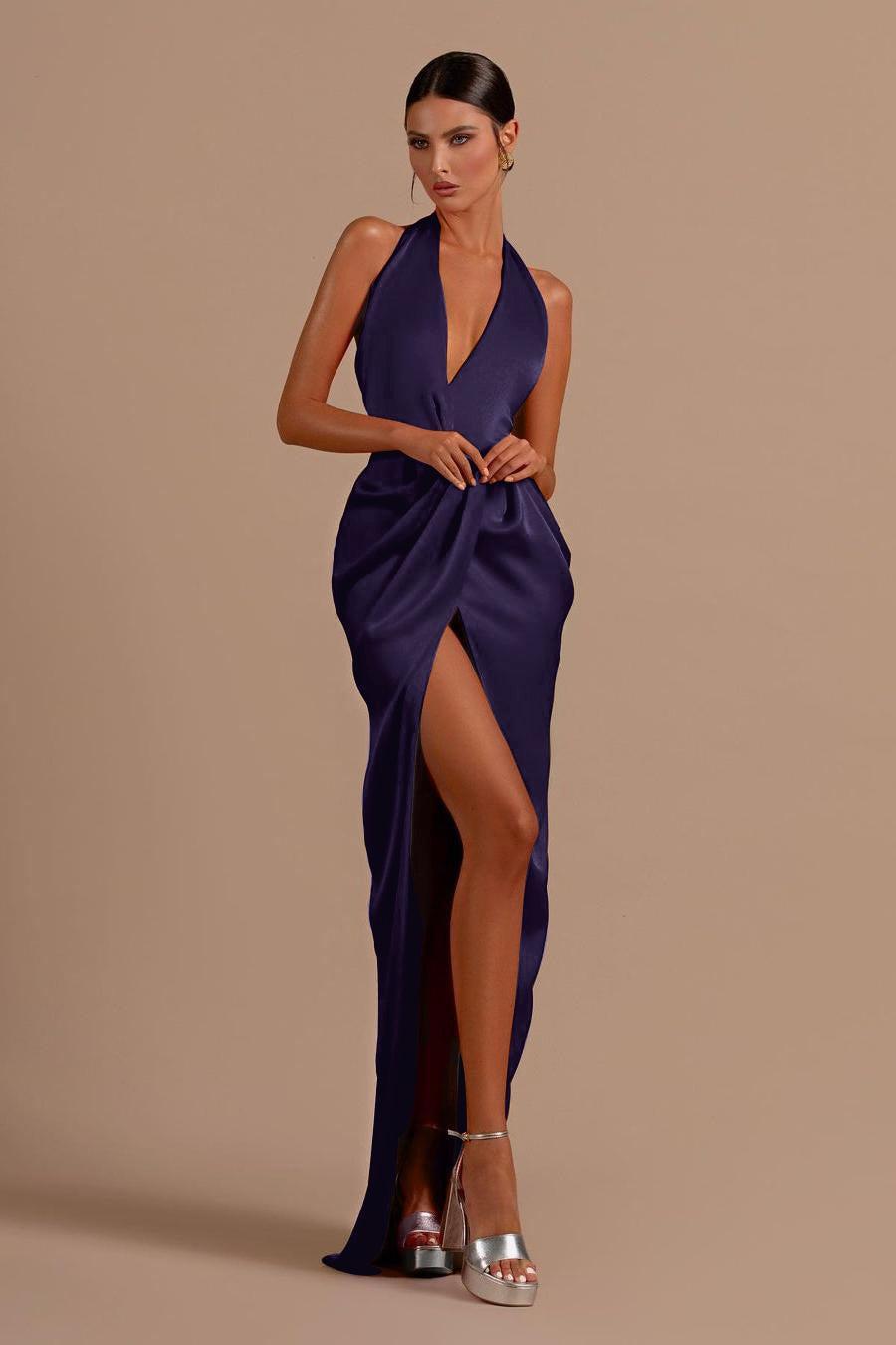 Red Prom Dress Halter Sleeveless Backless Long Evening Formal Dress With Front Split