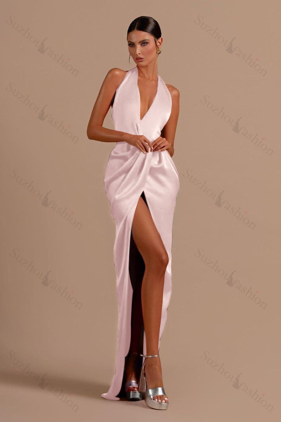 Red Prom Dress Halter Sleeveless Backless Long Evening Formal Dress With Front Split