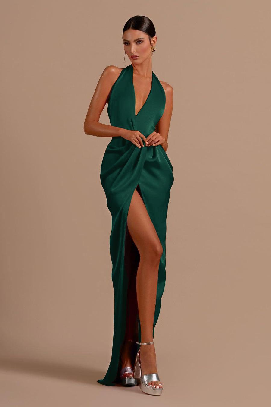 Red Prom Dress Halter Sleeveless Backless Long Evening Formal Dress With Front Split