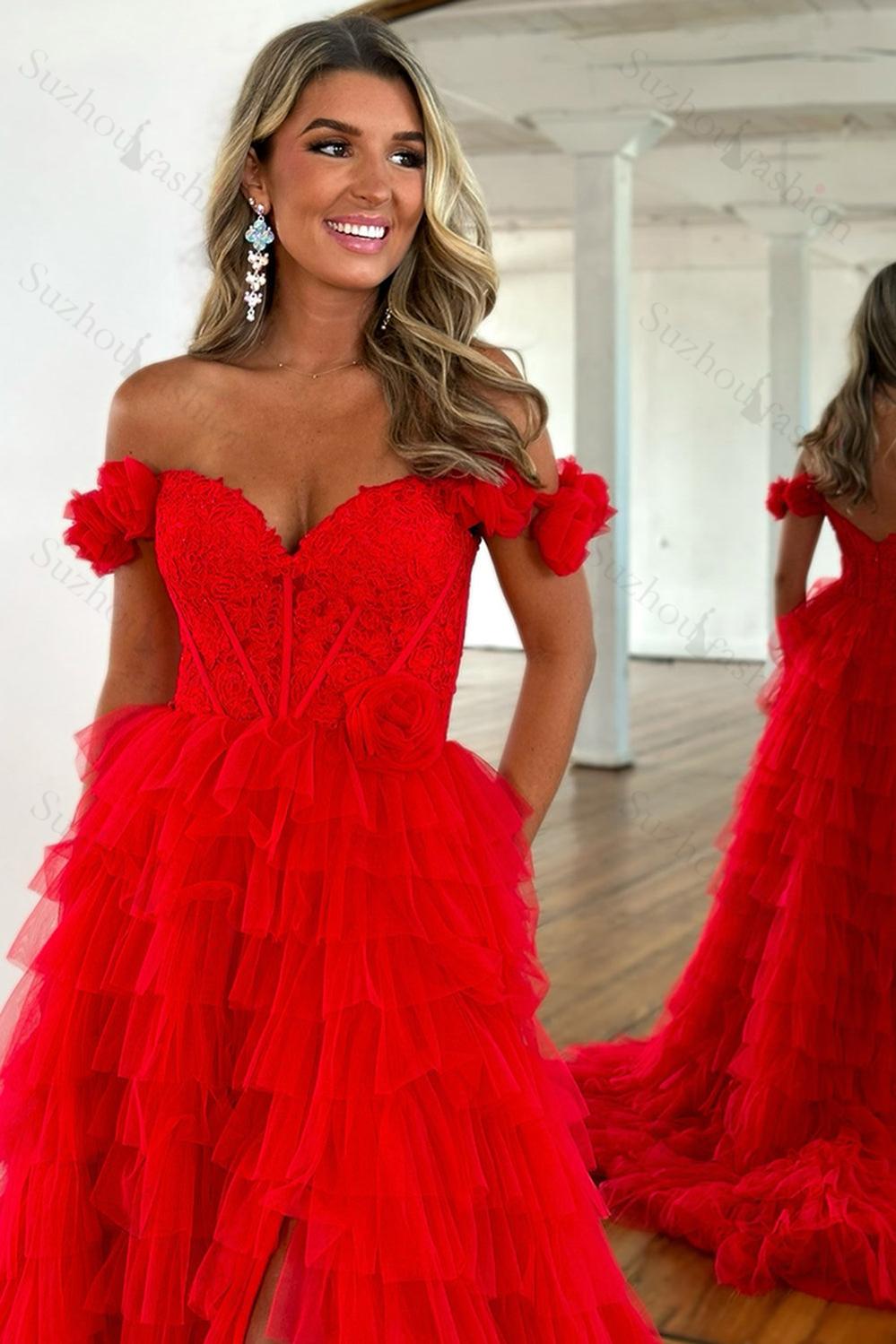 Red Prom Dress Off The Shoulder Appliqued Ruffled Formal Dress With Slit