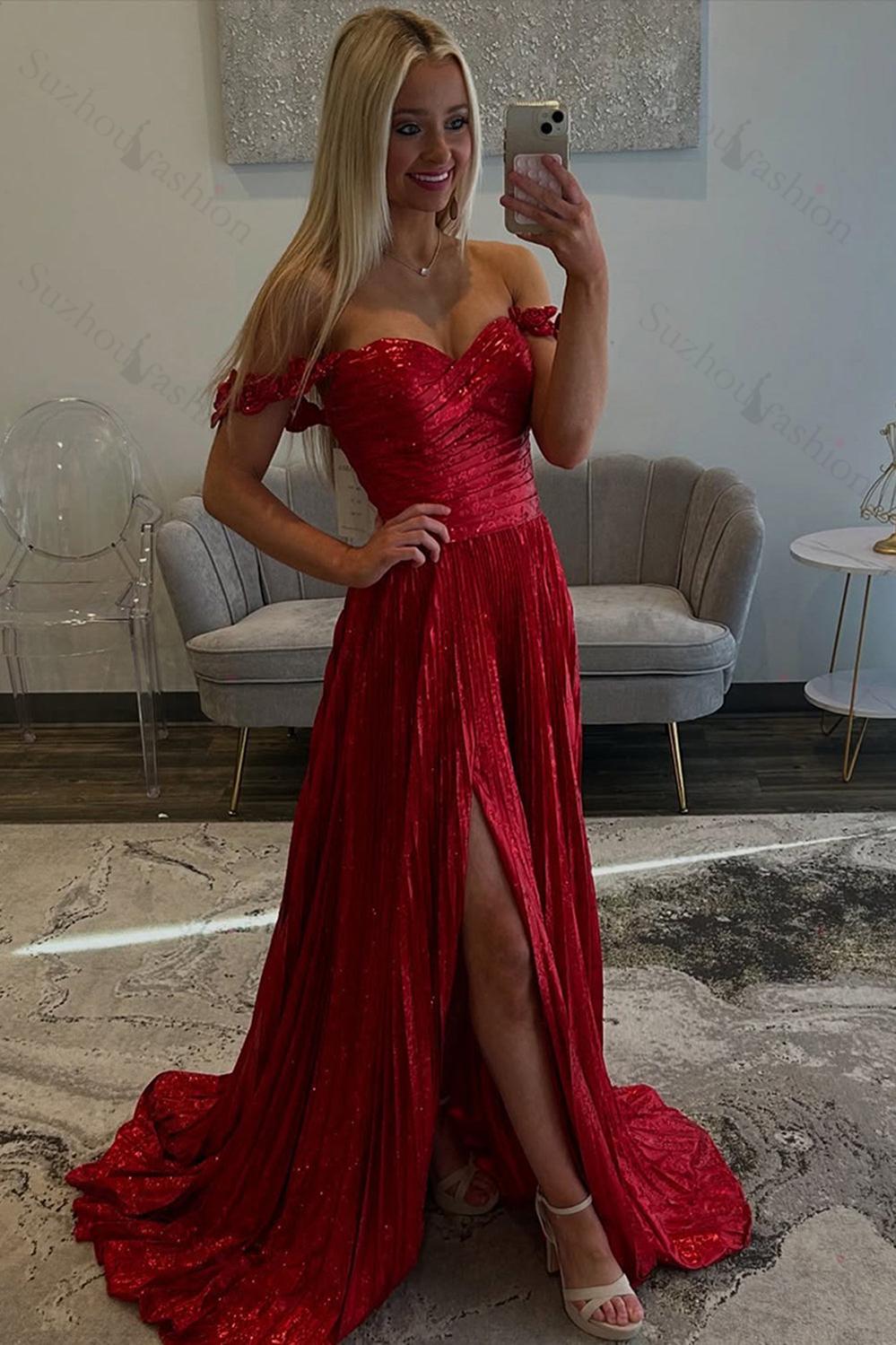 Red Prom Dress Pleated A Line Formal Dress With Slit