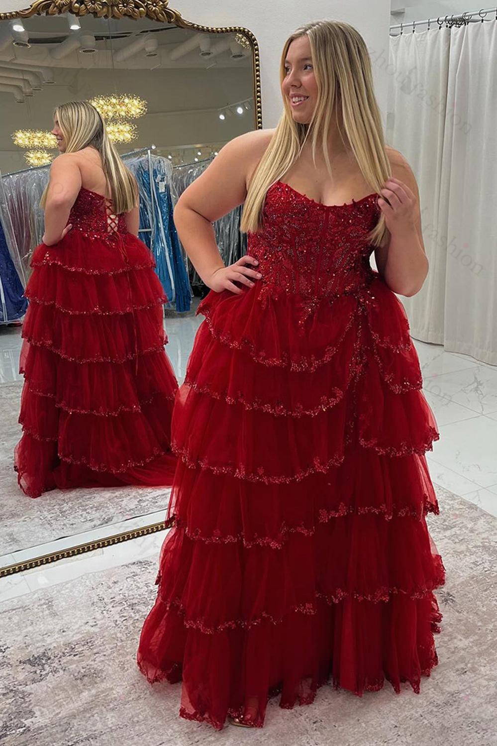 Red Prom Dress Ruffled Corset A Line Long Formal Dress With Lace