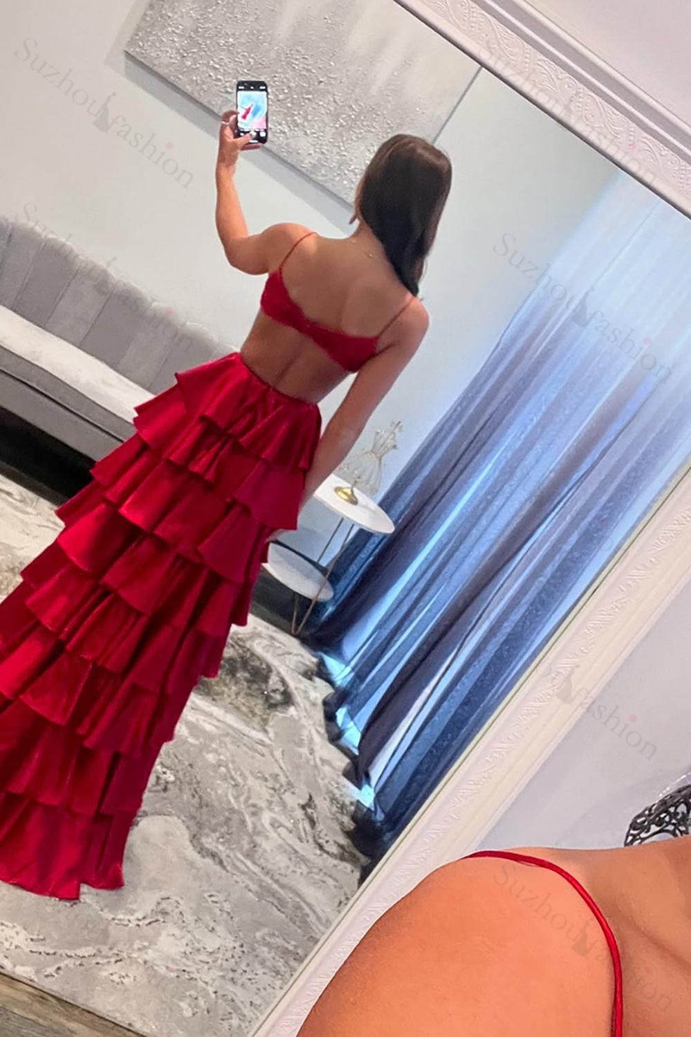 Red Prom Dress Ruffled Ruched Satin A Line Long Formal Dress With Slit