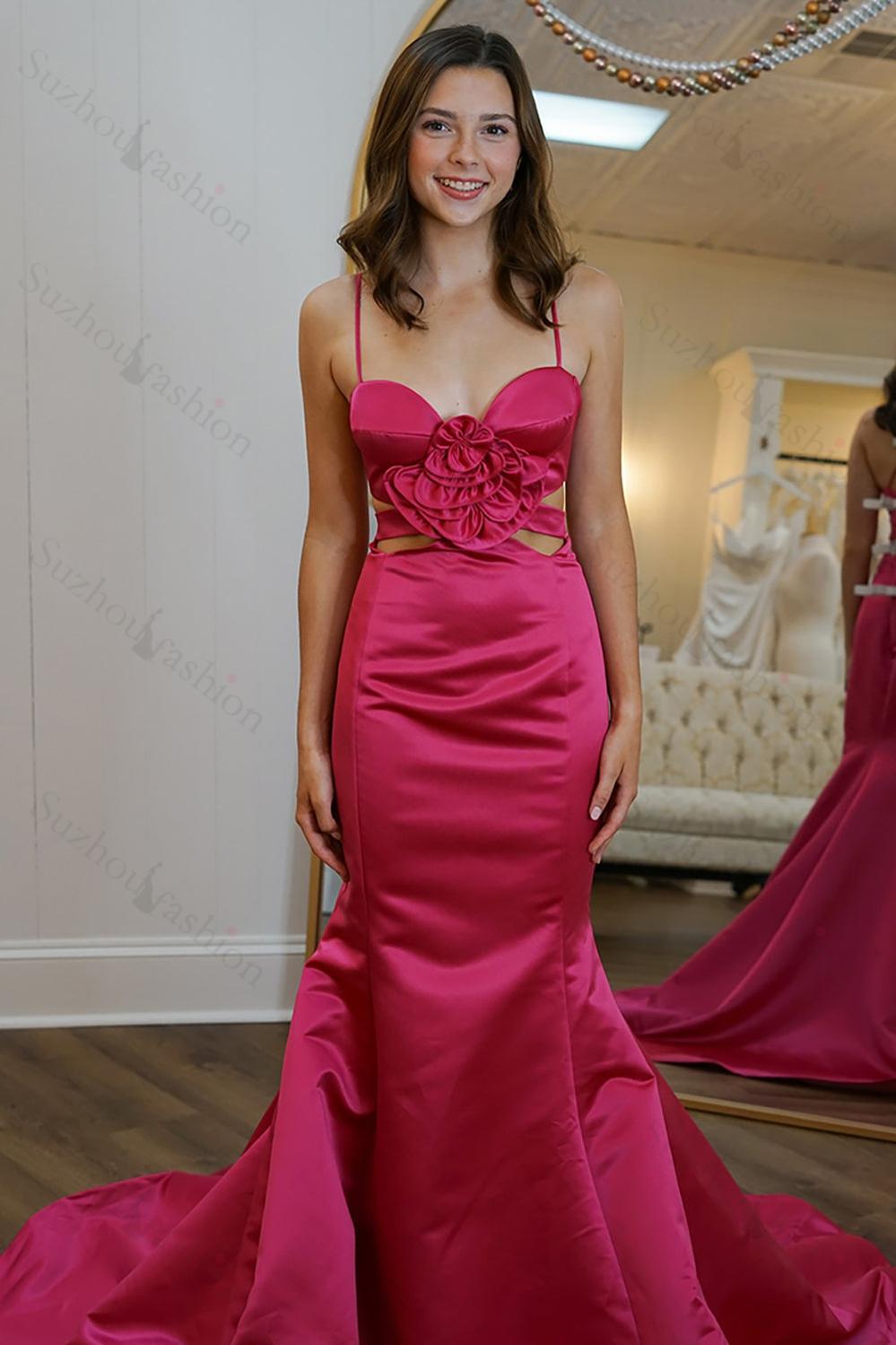 Red Prom Dress Satin Mermaid Long Formal Dress With Ruffles