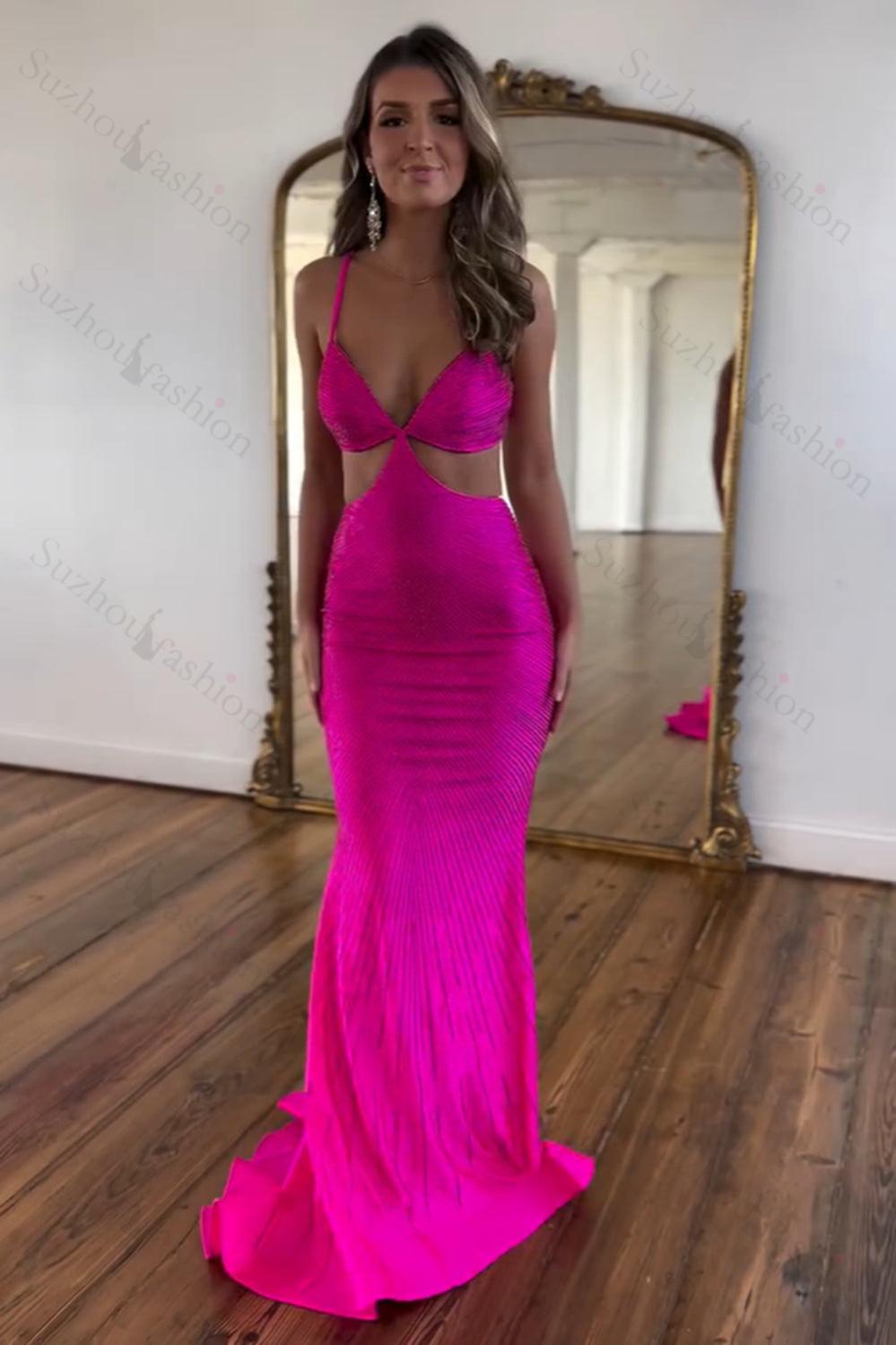 Red Prom Dress Spaghetti Straps Mermaid Satin Formal Dress With Hollow Out