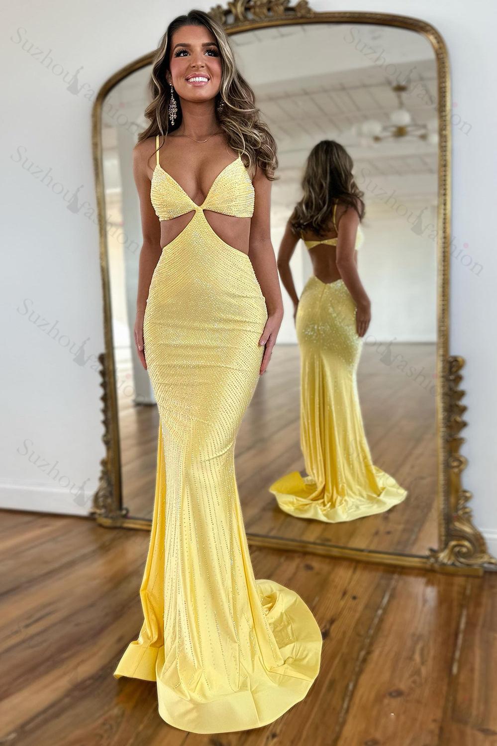 Red Prom Dress Spaghetti Straps Mermaid Satin Formal Dress With Hollow Out