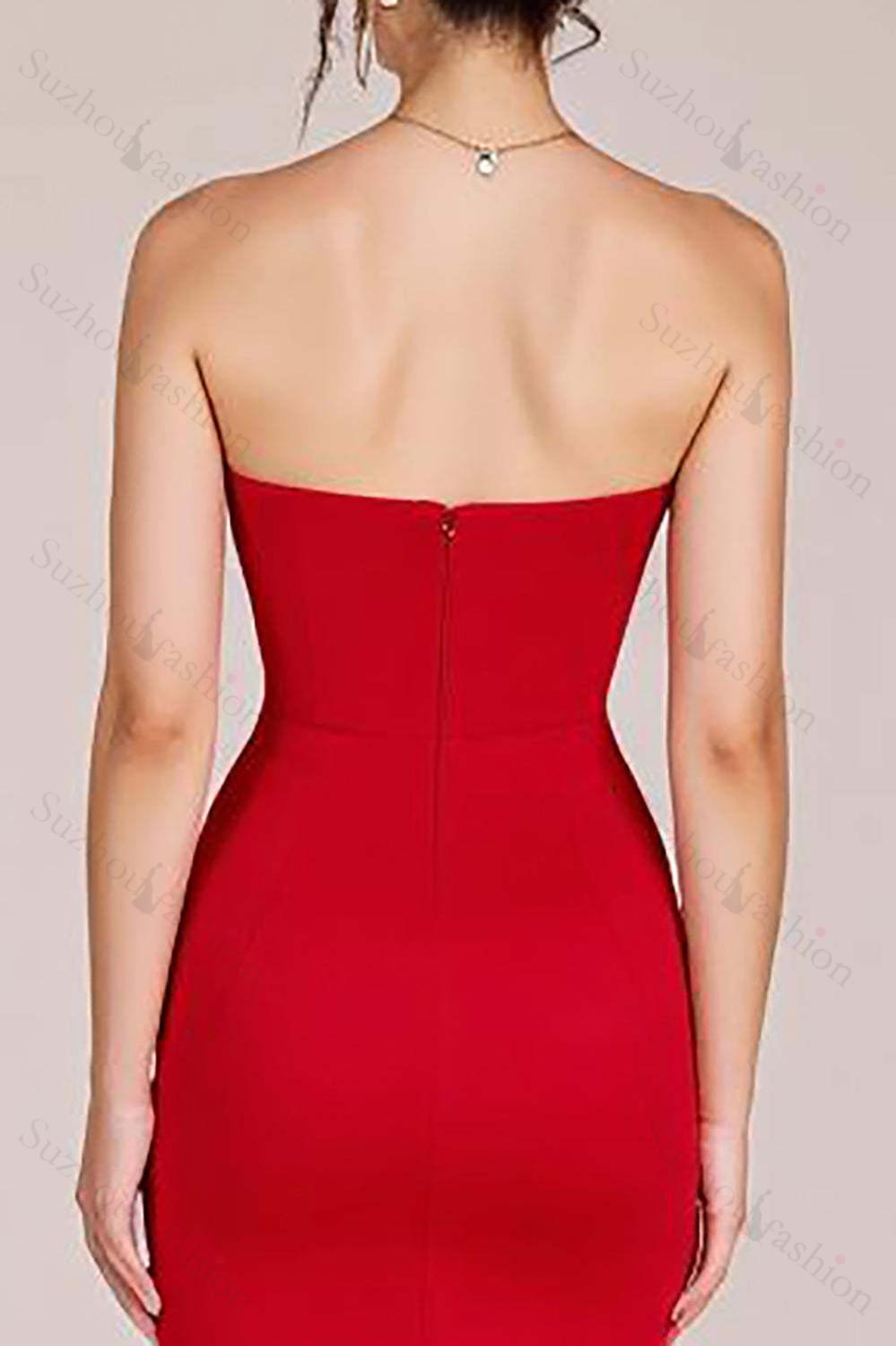 Red Prom Dress Strapless Ruched Sheath Long Formal Dress With Slit