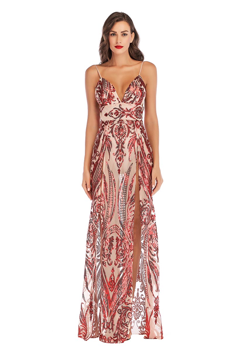 Red Sexy V Neck Sequined Thigh-high Slit Backless Prom Dress - Fashionpara