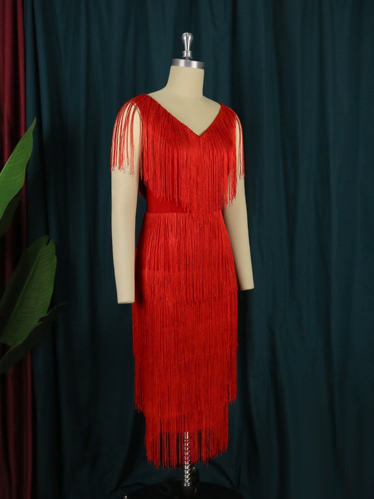 Red Tassel Dresses VNeck Fringe Cocktail Event Party Outfits