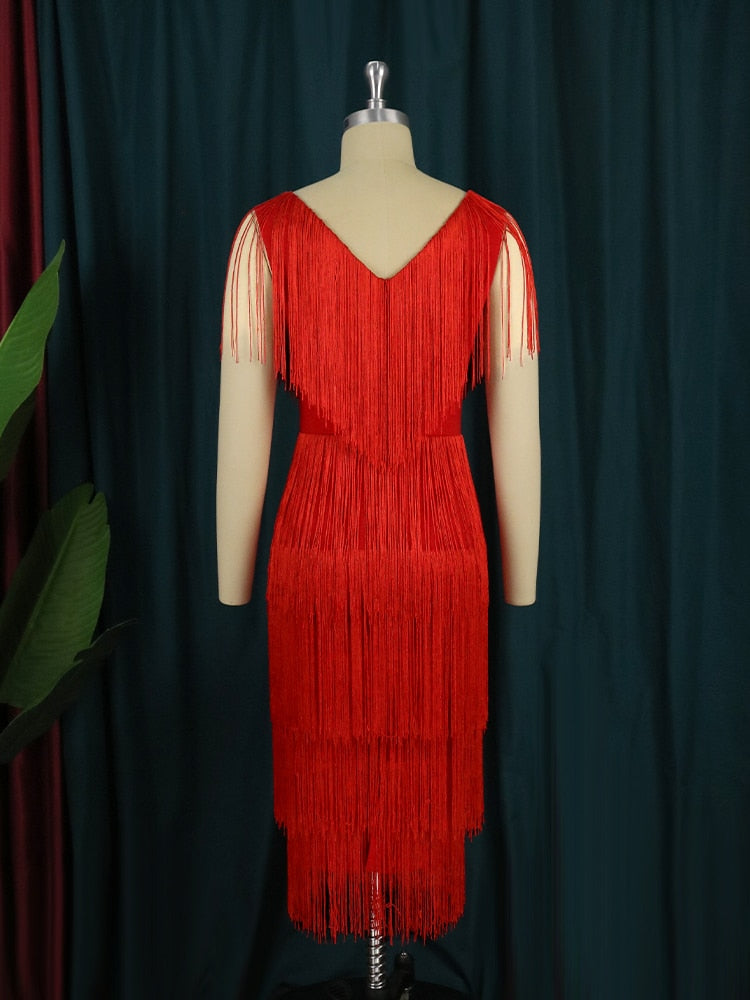 Red Tassel Dresses VNeck Fringe Cocktail Event Party Outfits