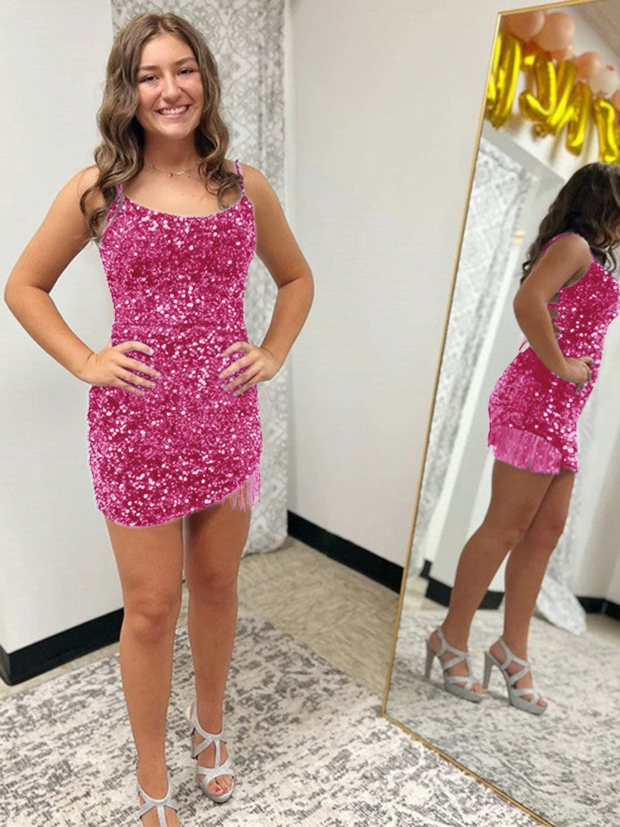 Fitted Spaghetti Straps Short Sequin Homecoming Dress