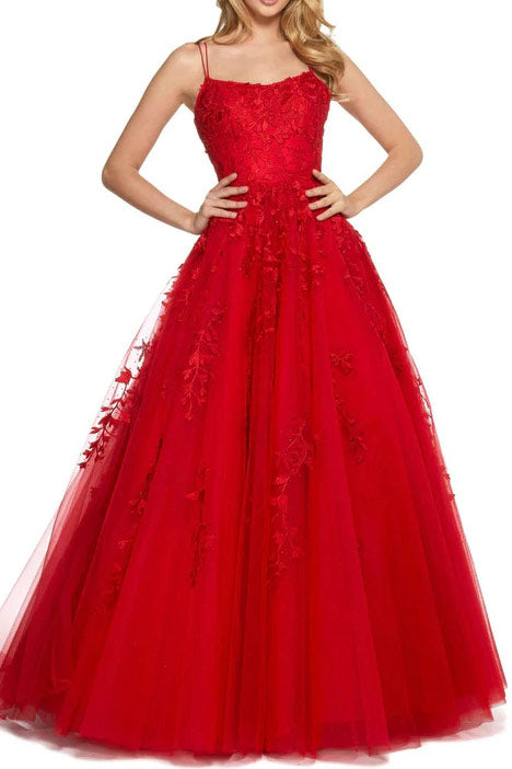 Red Embroidery Backless Ball Gown Prom Dresses - Fashionpara