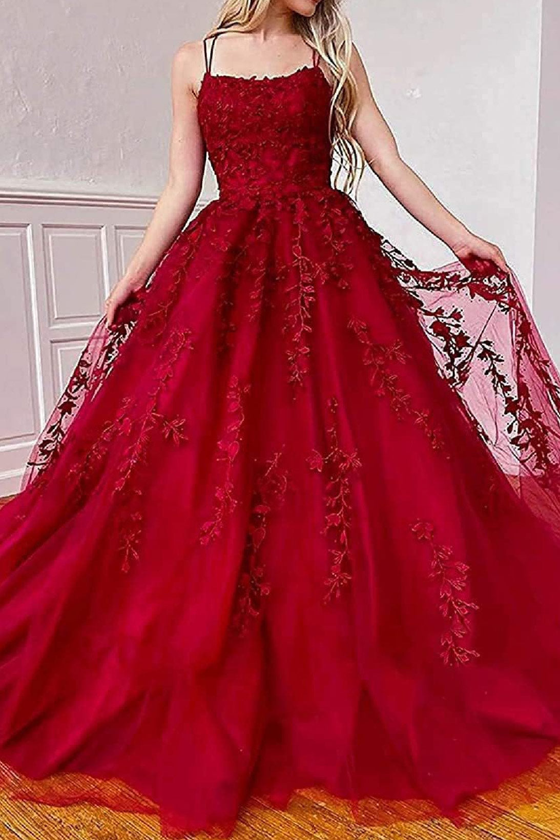 Red Embroidery Backless Ball Gown Prom Dresses - Fashionpara