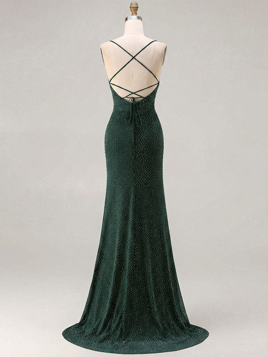 Red Glitter Ruched Spaghetti Strap Prom Dress with Slit