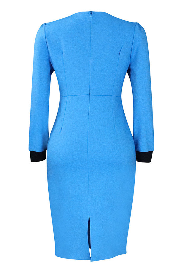 Red Knee Length Long Sleeve Office Dress - Fashionpara