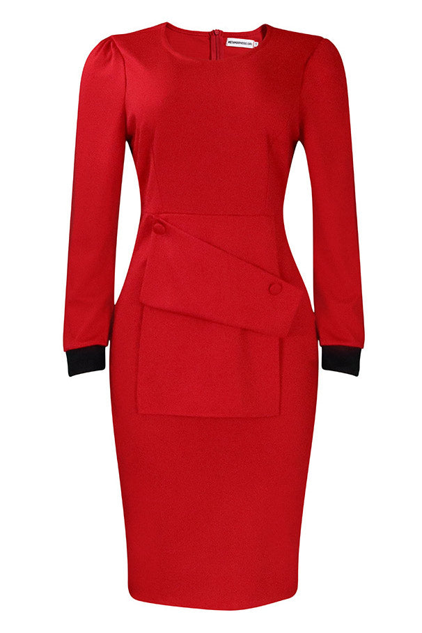 Red Knee Length Long Sleeve Office Dress - Fashionpara