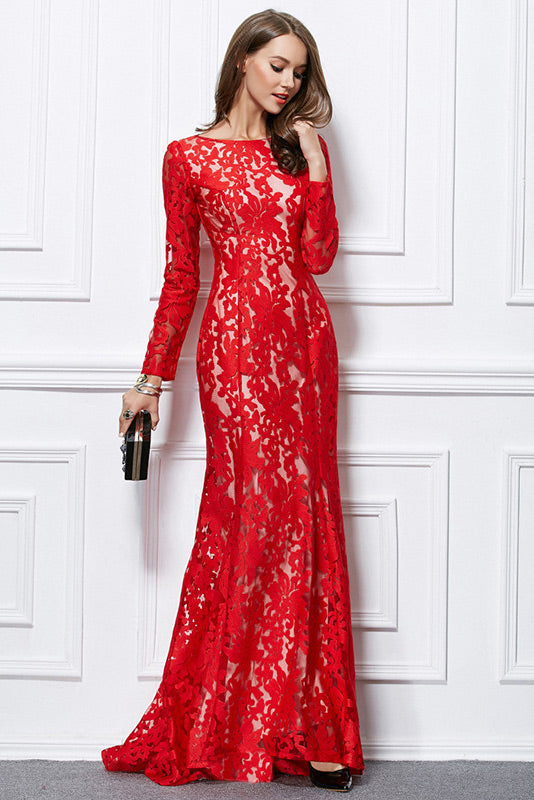 Red Lace Long Sleeve Prom Dress Evening Gown - Fashionpara
