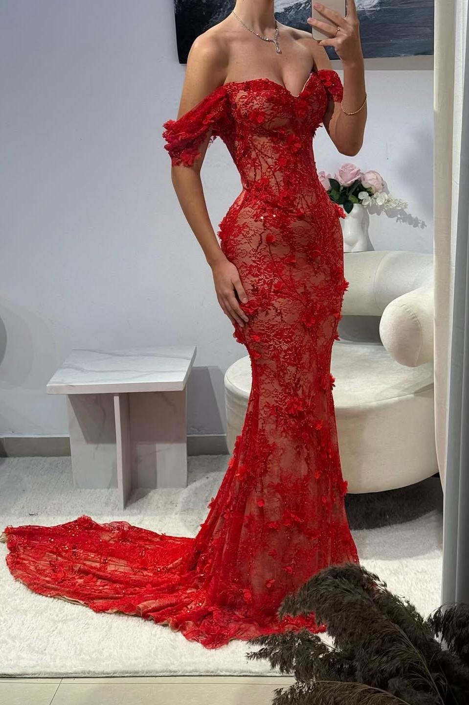 Hot Red Off-Shoulder Lace Mermaid Prom Dress with Floral Appliques - View 2 | FashionDia