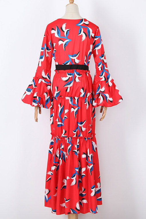 Red Printed Deep V-neck Flared Sleeve Evening Prom Dress - Fashionpara