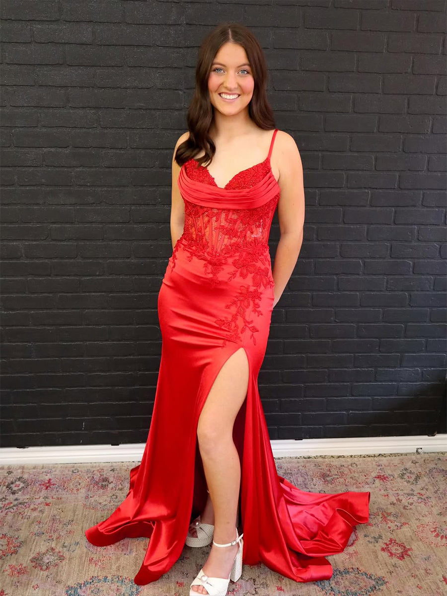 Red Satin Cowl Neck Spaghetti Strap Prom Dress with Slit