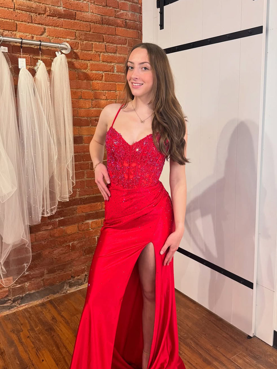 Red Sequin Spaghetti Straps Corset Prom Dress with High Slit - VelvetHem