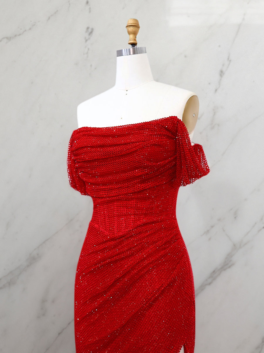 Red Shimmer Off-Shoulder Long Prom Dress with High Slit - View 4 | FashionDia