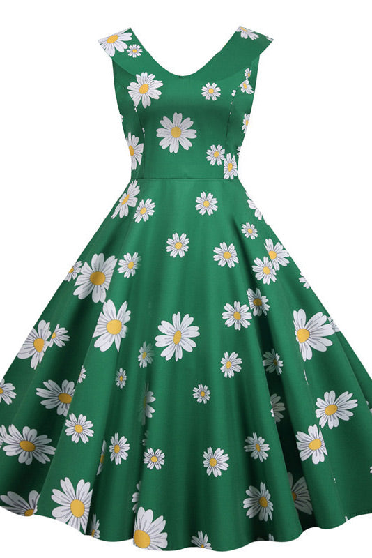 Red Sleeveless Print Swing Dresses - Fashionpara