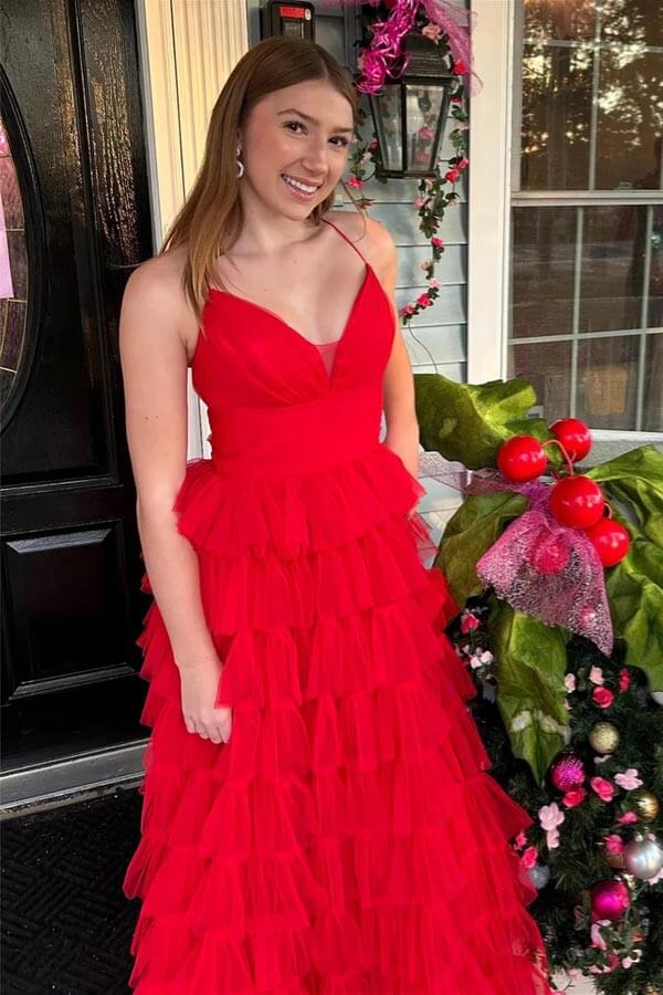 Tulle A-line V-neck Layers Long Prom Dresses, Evening Dresses - VelvetHem