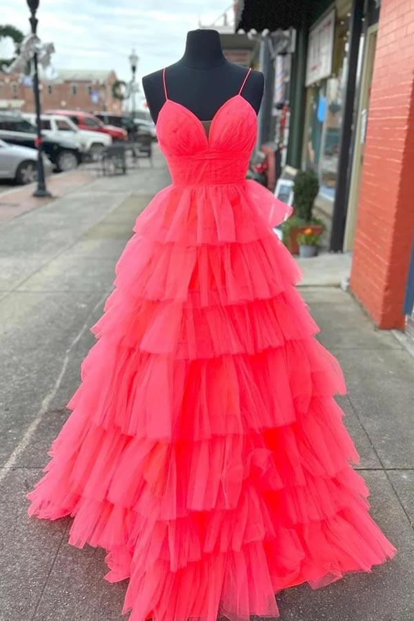 Tulle A-line V-neck Layers Long Prom Dresses, Evening Dresses - View 2 | VelvetHem