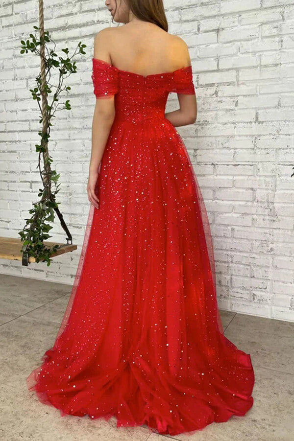 Tulle Off-the-Shoulder Long Prom Dresses, A-line Evening Gowns - View 2 | VelvetHem