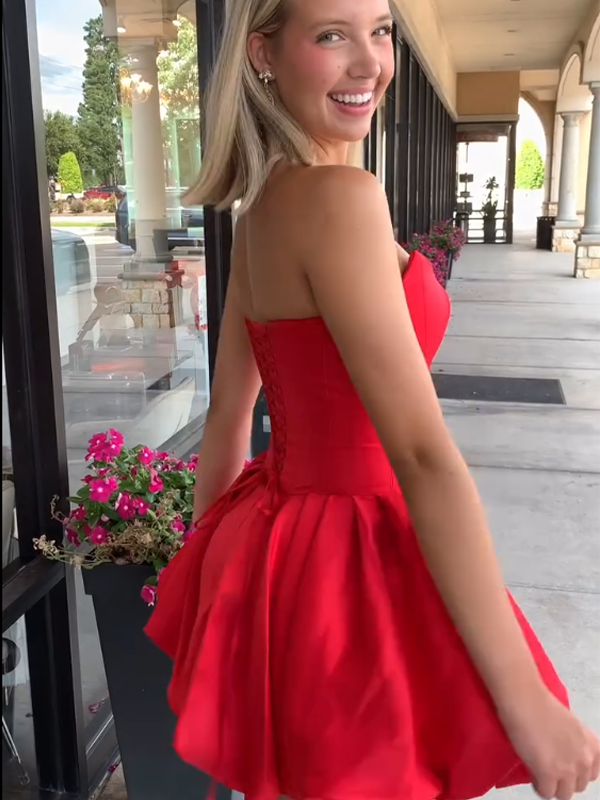 A-Line Bateau Strapless Satin Floral Homecoming Dress