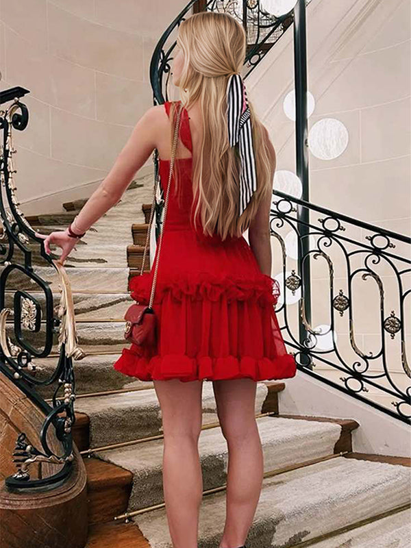 A-Line Spaghetti Straps Ruffles Short Homecoming Dress