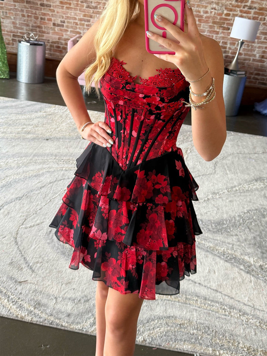 A Line Sweetheart Printed Short Homecoming Dress with Ruffles