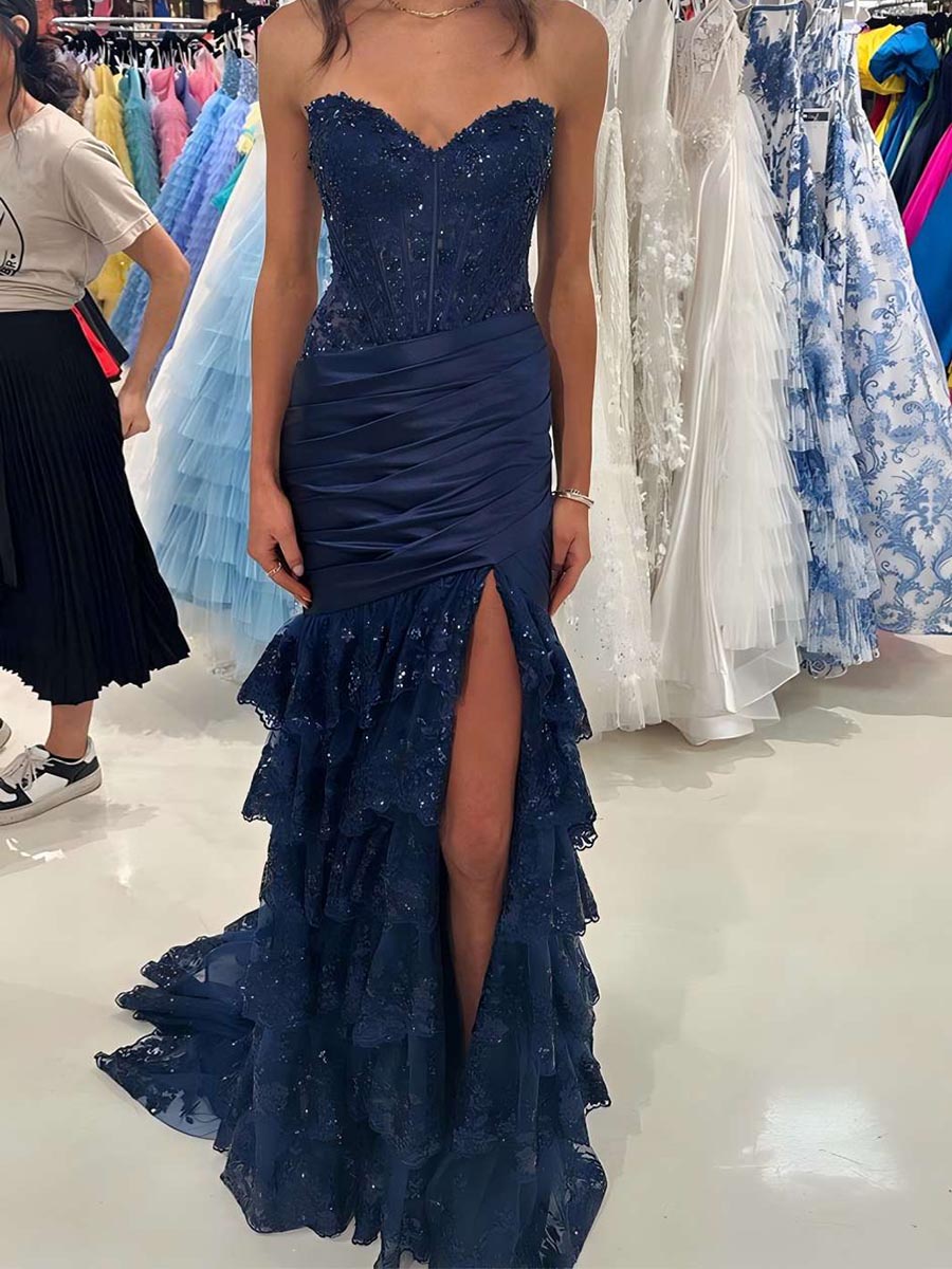 Red Mermaid Strapless Long Satin Prom Dress with Tiered Ruffle Skirt