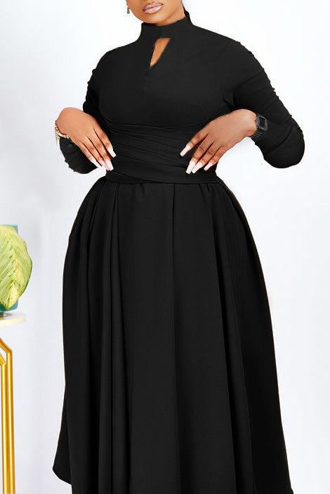Little Black Midi A-Line Long Sleeve Dress - Fashionpara