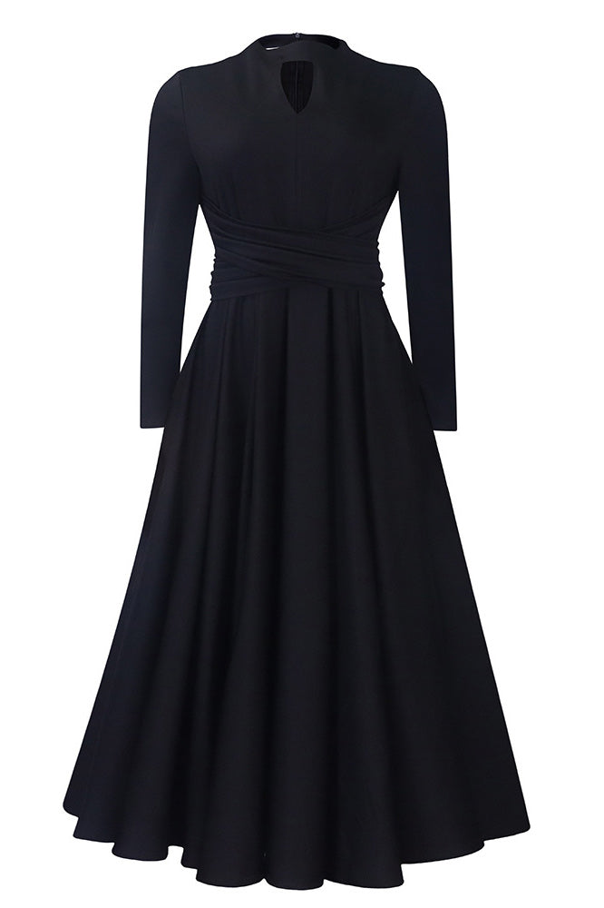 Little Black Midi A-Line Long Sleeve Dress - Fashionpara