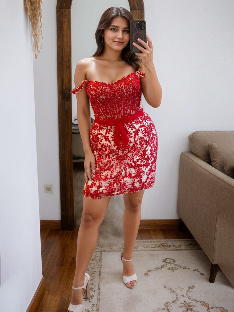 Off-Shoulder Lace Bodycon Homecoming Dress with Bow Waist - View 9 | FashionDia