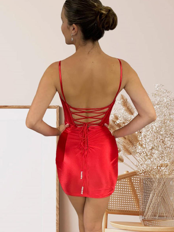 Spaghetti Straps Satin Tight Homecoming Dress with 3D Flowers
