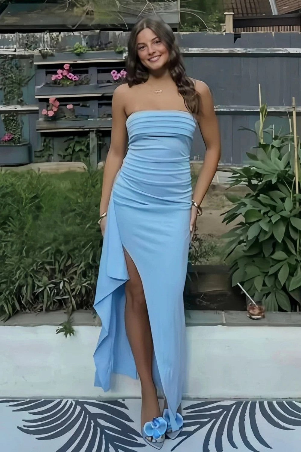 Stunning Sheath Strapless Pink Long Prom Dress with Split Front