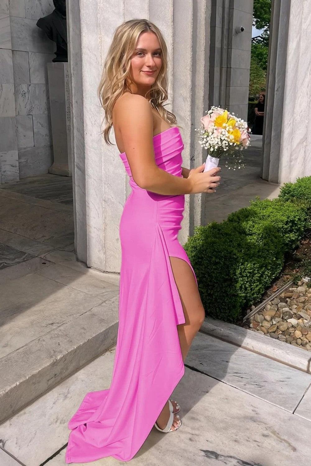 Stunning Sheath Strapless Pink Long Prom Dress with Split Front