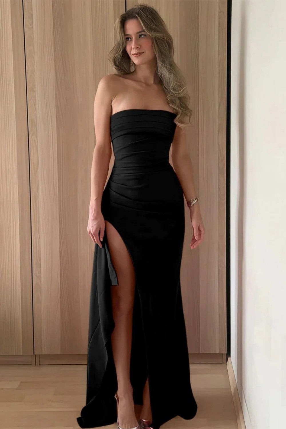 Stunning Sheath Strapless Pink Long Prom Dress with Split Front
