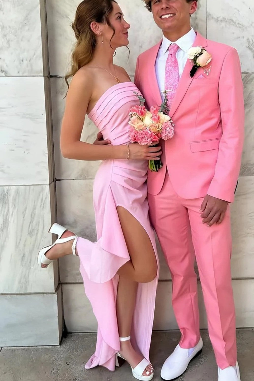 Stunning Sheath Strapless Pink Long Prom Dress with Split Front