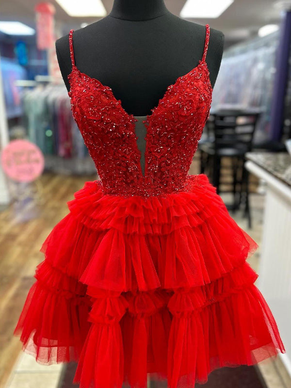 Straps Appliques Tiered Ruffle Short Homecoming Party Dress