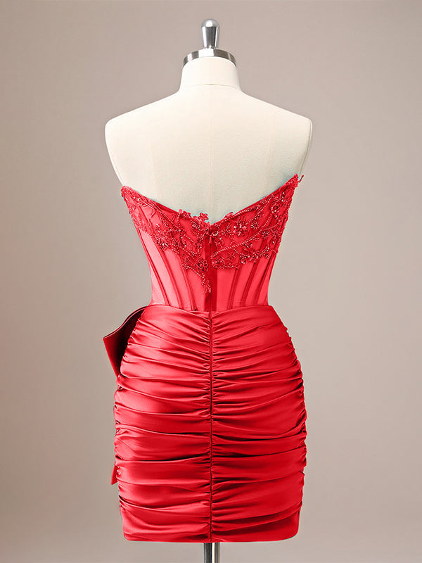 Tight Strapless Corset Pleated Short Beaded Homecoming Dress with Bow