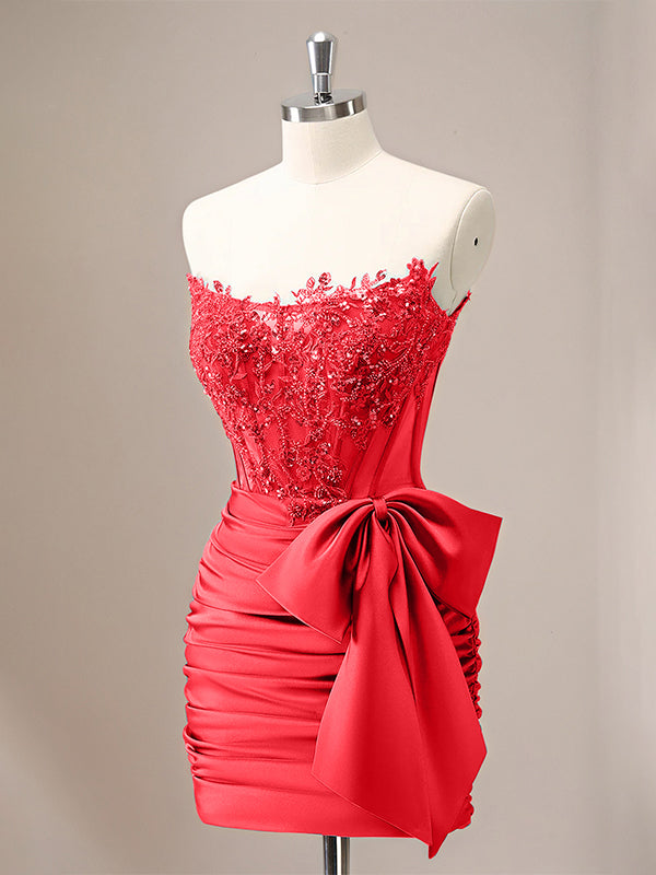 Tight Strapless Corset Pleated Short Beaded Homecoming Dress with Bow