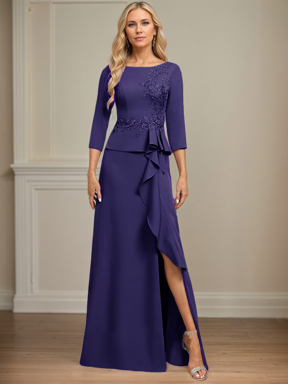 Sheath/Column Scoop Floor-Length Stretch Crepe Dress With Cascading Ruffles Appliques