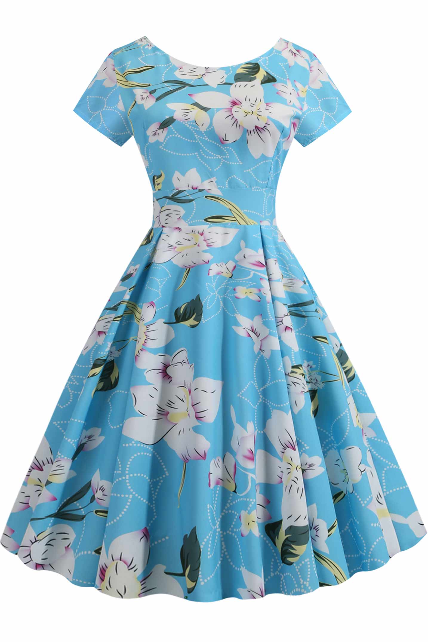 Retro Floral Print Scoop A-line Dress - Fashionpara