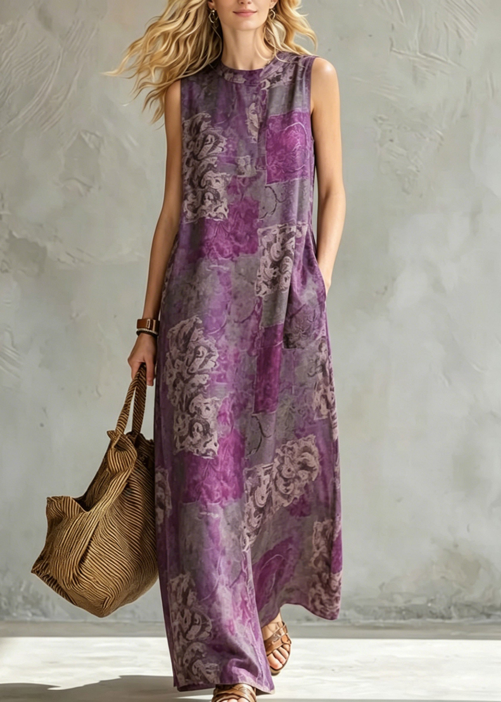 Retro Purple Pockets Patchwork Maxi Dress Summer