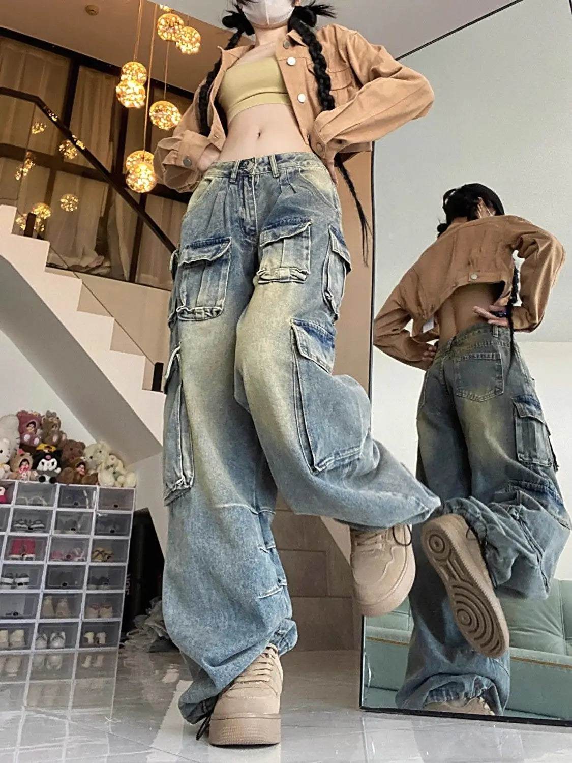 Retro Autumn Women's MultiPocket Design High Street Jeans